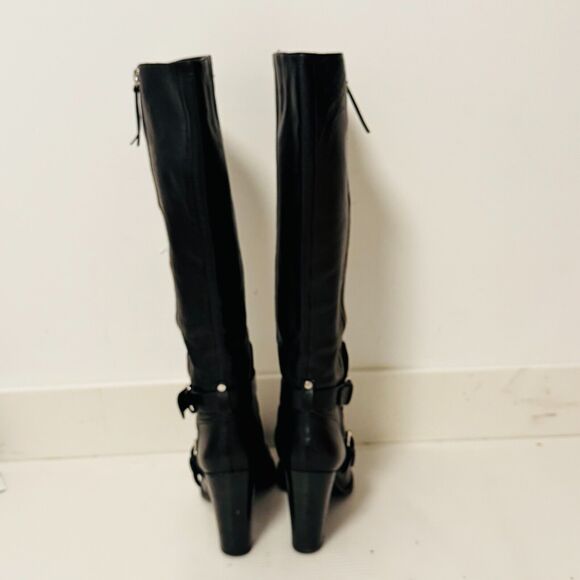 Rebecca Minkoff Boots Womens 8.5 Black Leather Moto Double Buckle Heels Billie - Picture 7 of 12